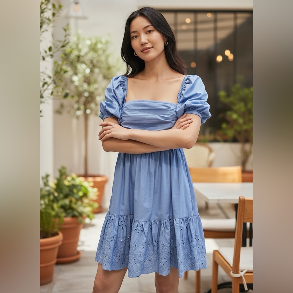 EN SAISON Juliet Eyelet Puff Sleeve Open Back Mini Dress Periwinkle Size S NEW